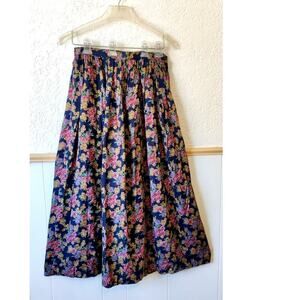 Vintage Floral Maxi Skirt Pleated Sz 8 Navy Multicolor Flowers Print Cottagecore